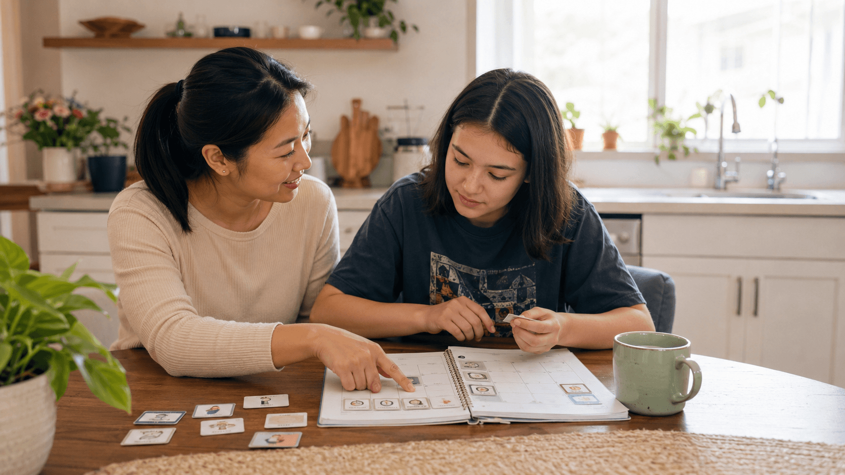 A caregiver helping someone work with a visual communication book at a sunlit kitchen table