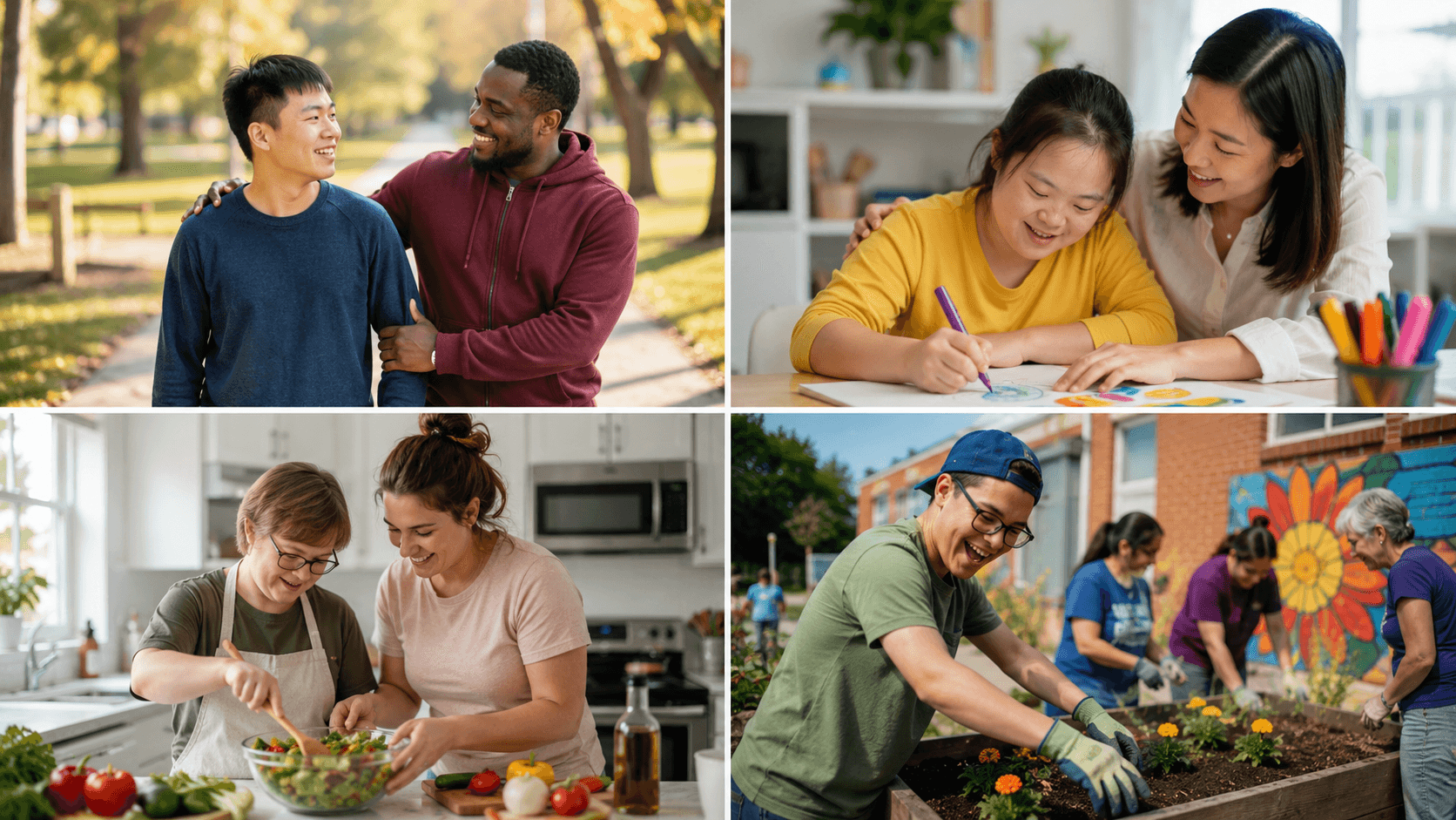A collage showing the four NAMI services: friendship in the community, learning together at home, cooking, and gardening as a group